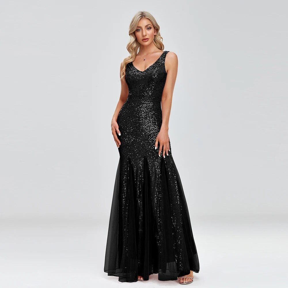 Double V-neck Cocktail Mermaid Sequin Evening Dress