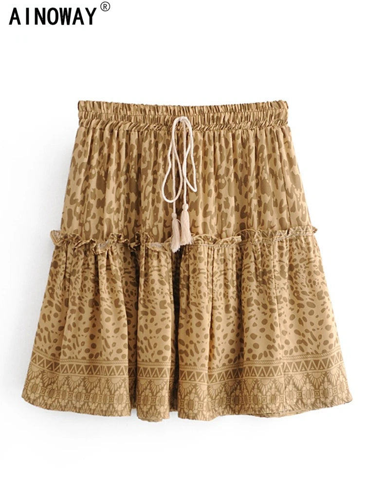 Vintage Leopard Printed Ruffles Tassel Bohemian Pleated Skirt