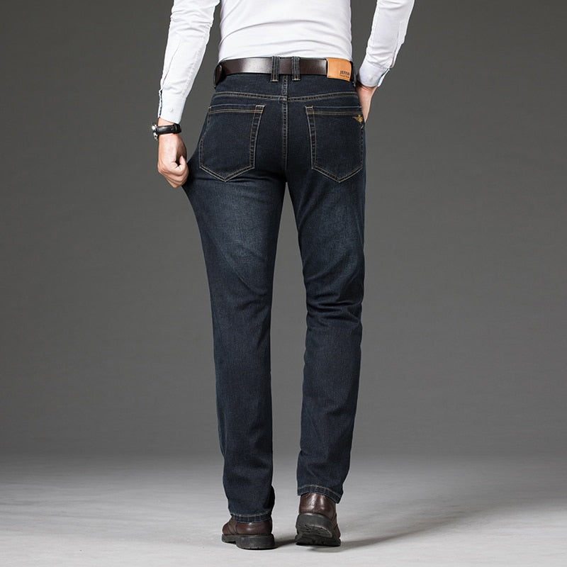 Men Classic Straight Business Denim Pants Brand Stretch Slim Trousers