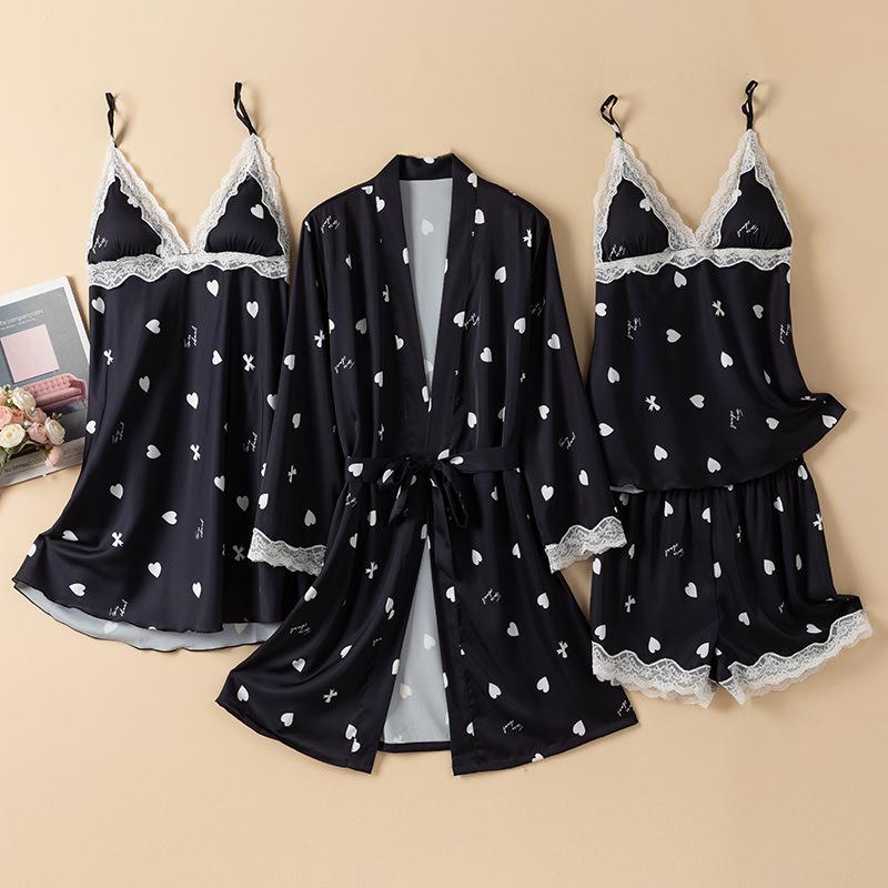 4PCS Pajamas Set Lady Print Bathrobe Sleep Suit Loungewear