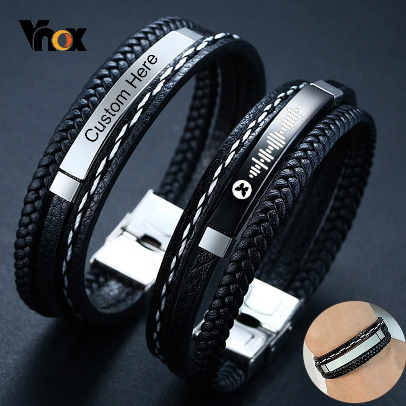 Name Leather Bracelets for Men Glossy Stainless Steel