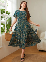 Fashion Big Size Women's Clothing Dress O-Neck Floral