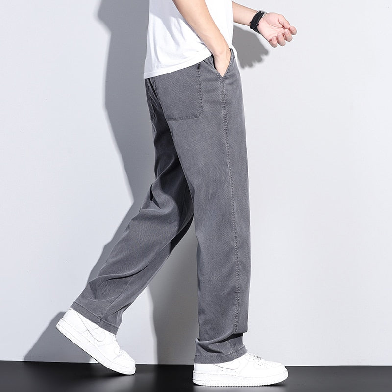 Jeans Men Blue Elastic Waist Loose Thin Denim Trousers