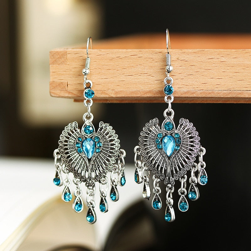 Bohemian Ethnic Long Blue Acrylic Crystal Water Drop Earrings Retro