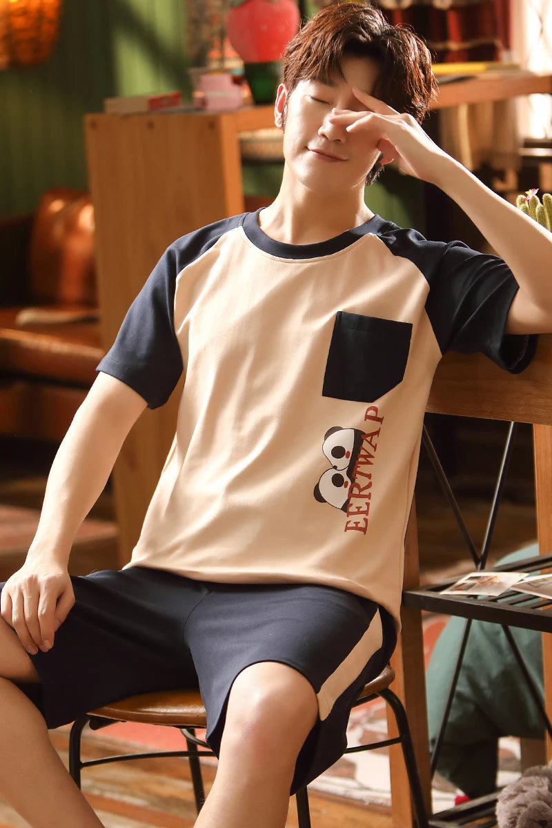 Mens Pajamas Casual Short Tops Lattice Short Pants