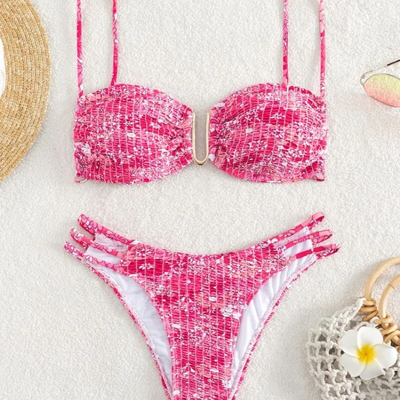 Floral Print Smocked Cut Out Bikinis Set