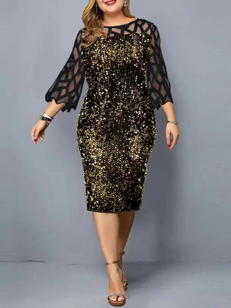 Plus Size Ladies Midi Sequin Mesh Long Sleeve Lace Elegant