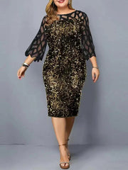 Plus Size Ladies Midi Sequin Mesh Long Sleeve Lace Elegant