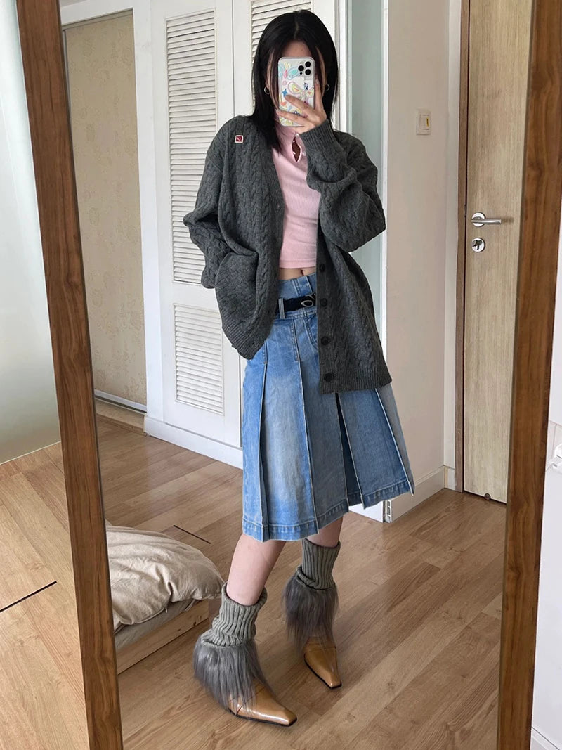 Vintage Knee-length Midi Long Pleated Denim Skirt Fashion