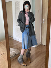 Vintage Knee-length Midi Long Pleated Denim Skirt Fashion