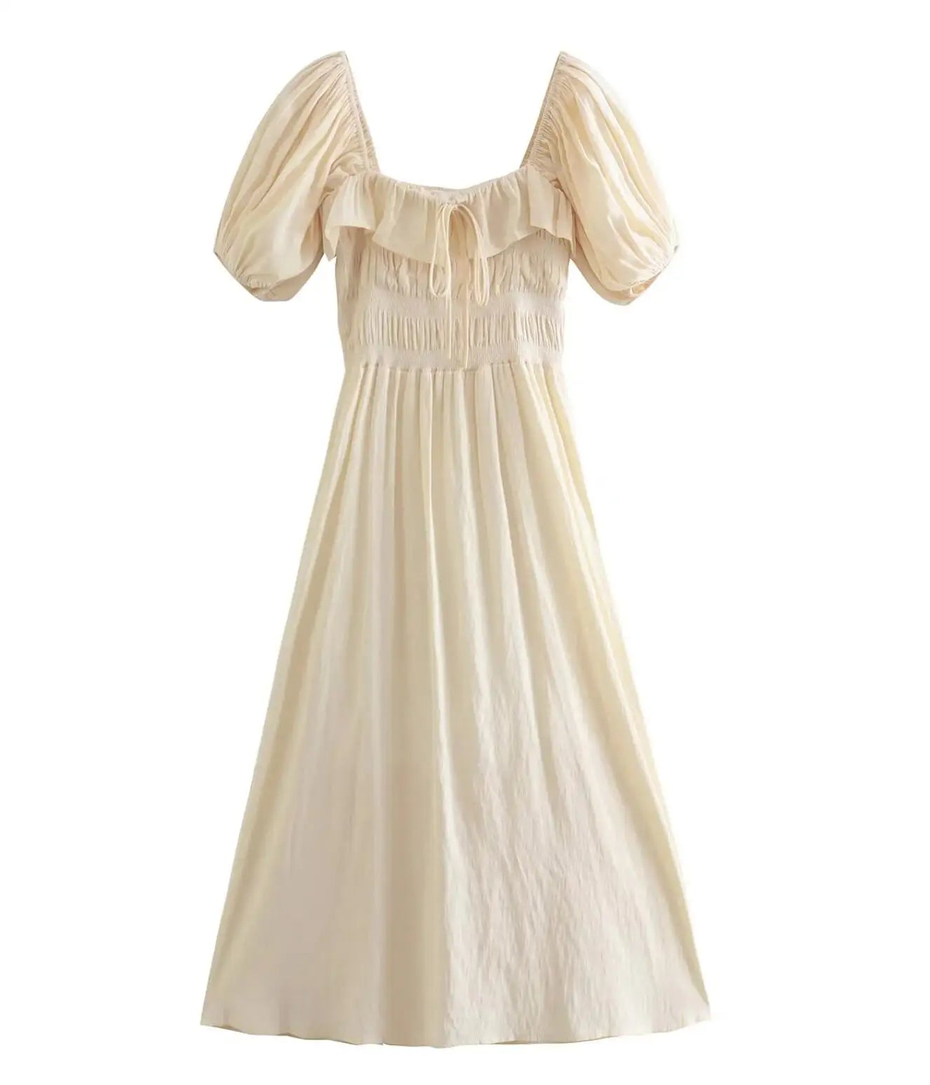 Retro style Beige Spliced Ruffle Square Collar Maxi Long Swing Dress