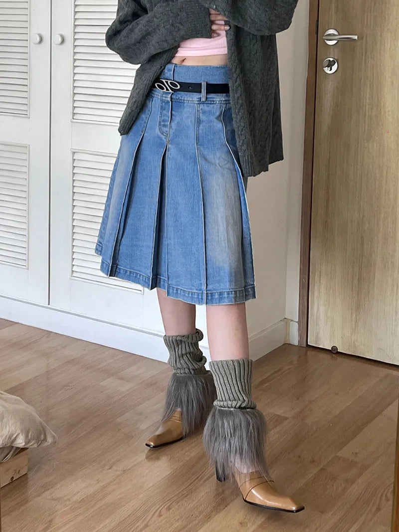 Vintage Knee-length Midi Long Pleated Denim Skirt Fashion