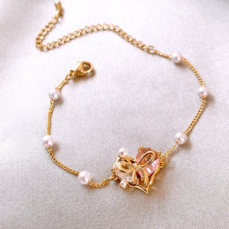 Design Pink Zircon Heart Pearl Gold Color Bracelets