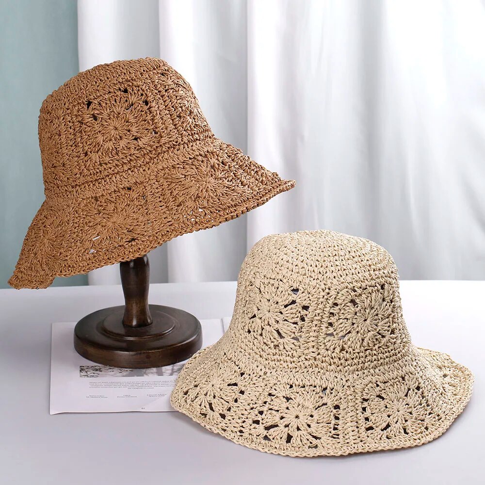 Women Straw crochet bucket Foldable hat