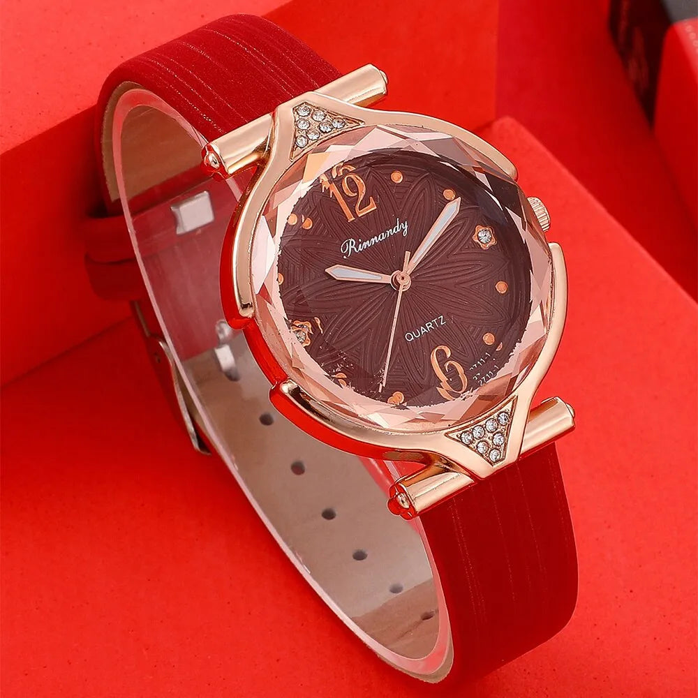 5pcs Set Watches Women Leather Band Ladies Simple Casual