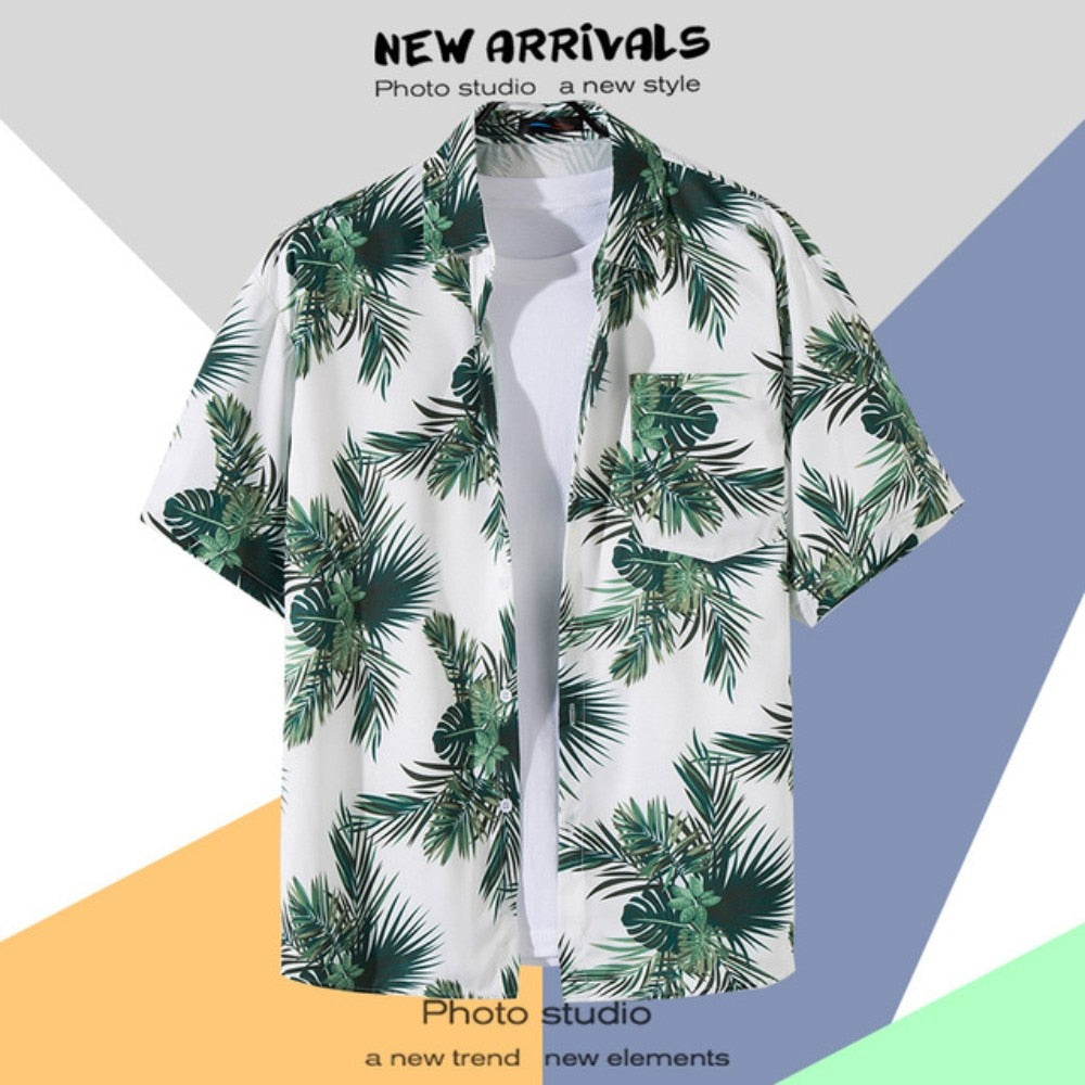 Hawaiian Men's Floral Shirt Summer Geometric Print Short Sleeved