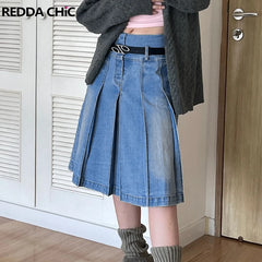 Vintage Knee-length Midi Long Pleated Denim Skirt Fashion