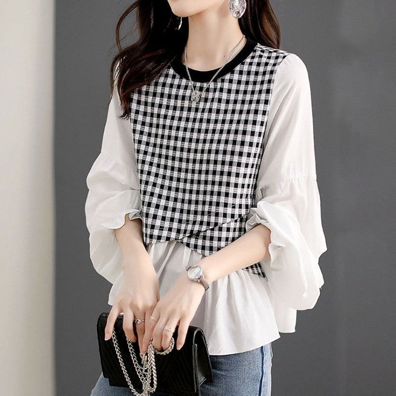 Women Plaid Print Patchwork Two Piece Kawaii Shirts