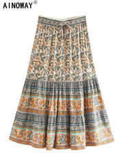 Vintage Chic Hippie Floral Peacock Printed High Waist Skirts