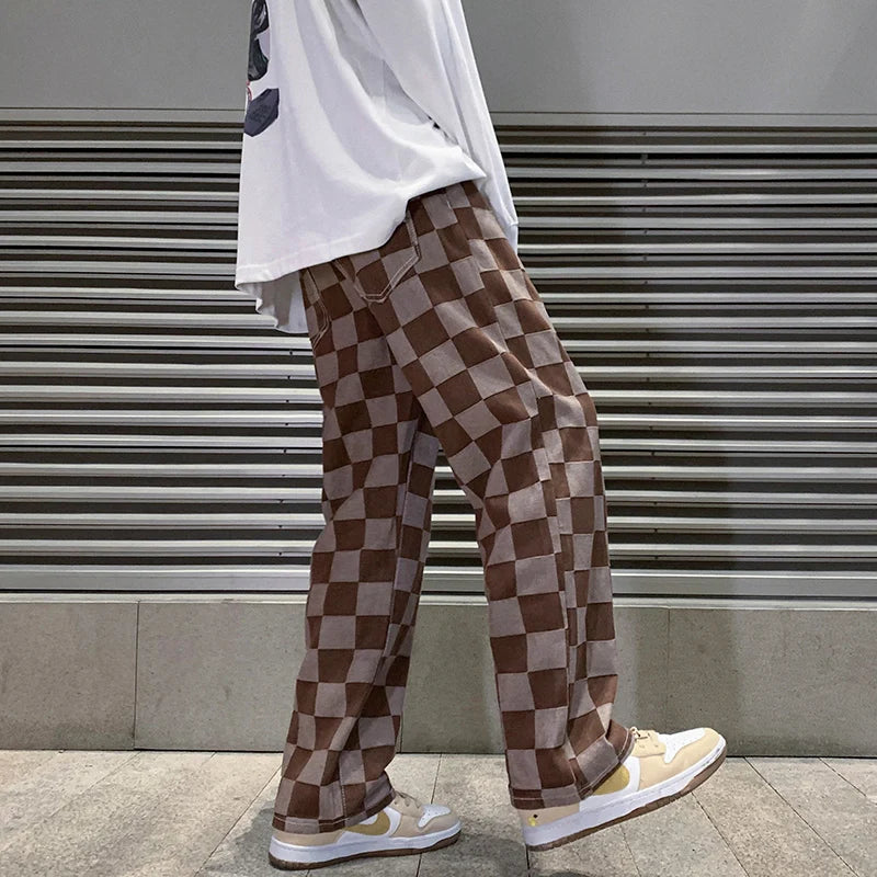 Men's Brown Check Print Baggy Jeans Fashion Streetwear