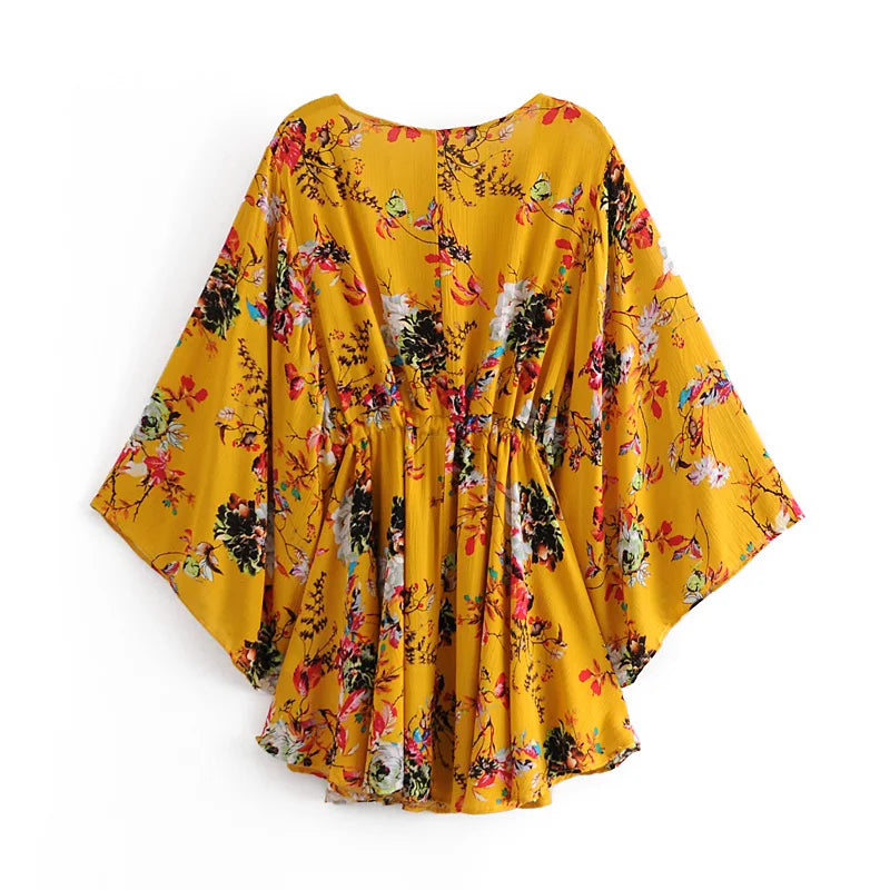 Happie yellow floral print deep v-neck bohemian mini dress