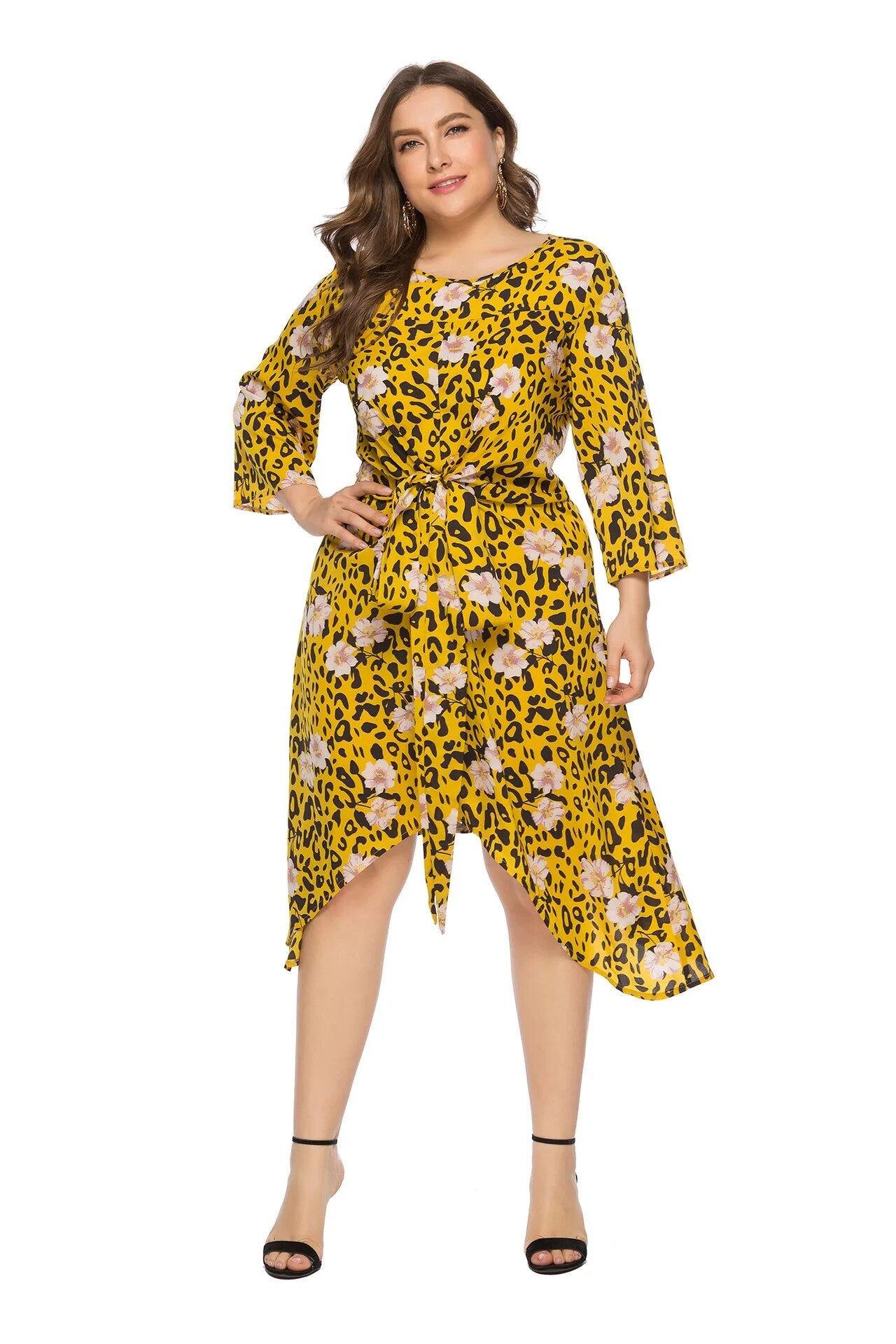 Plus Size Floral Print 3/4 Sleeve Maxi Long Midi Dress