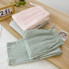 Women's Pajamas Cotton Crepe Plaid Loose Large pants