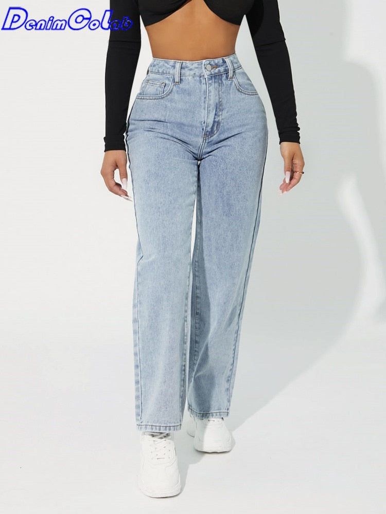 High Waist Straight Leg Jeans Simple Style Casual Cotton Denim Pants