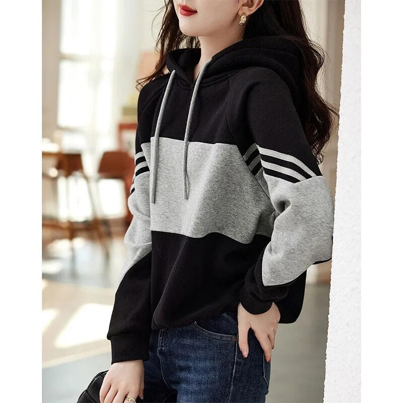 Loose Casual Patchwork Hoodies Ladies Simple Fashion All-match