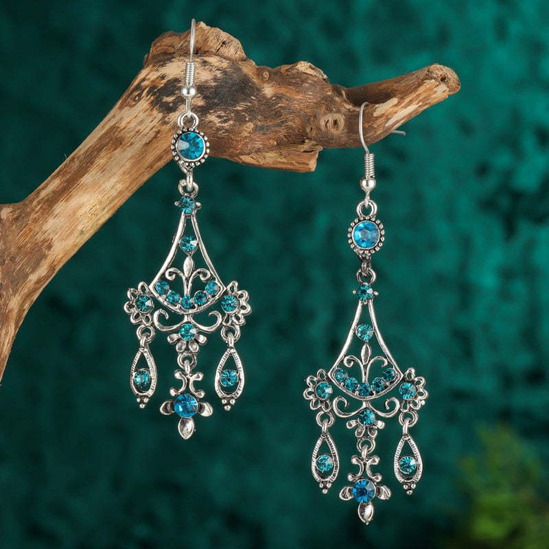 Bohemian Ethnic Long Blue Acrylic Crystal Water Drop Earrings Retro