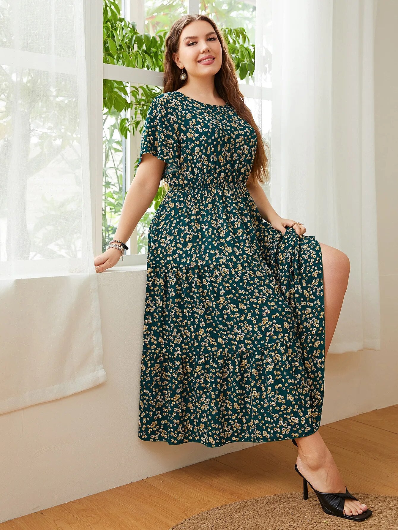 Fashion Big Size Women's Clothing Dress O-Neck Floral