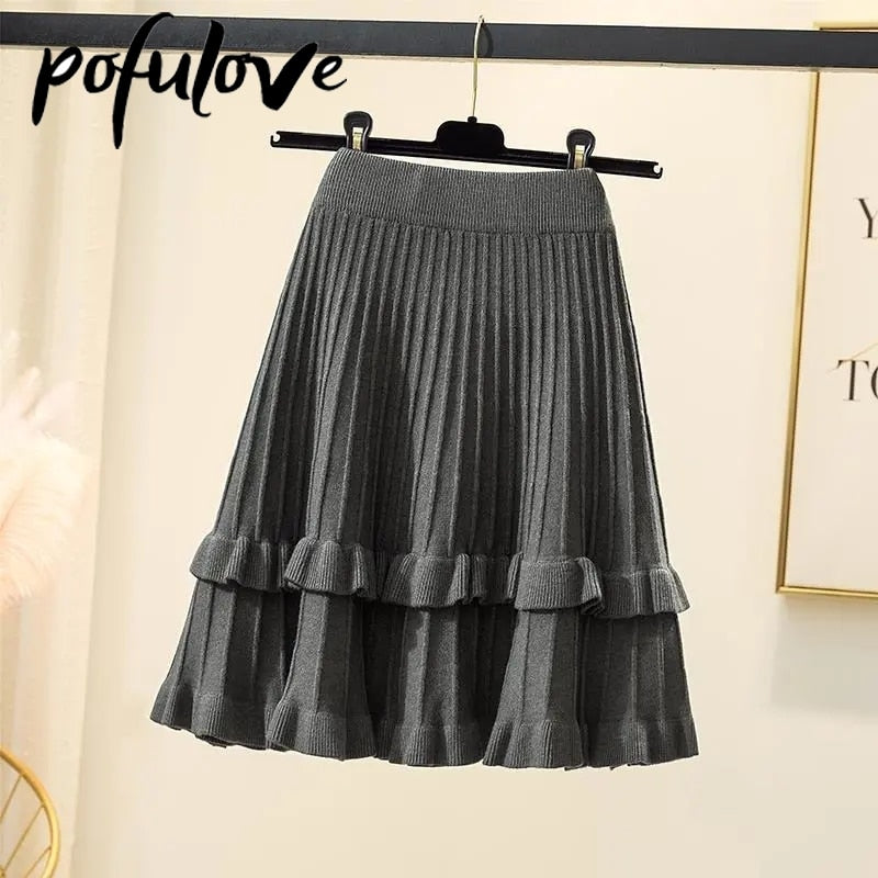 Knitted High Waist Pleated Skirt A-line Skirts Ruffled