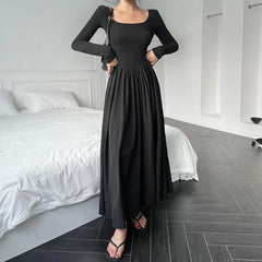 Style Fashion A Line Elastic Slim Long Sleeve Midi Dress