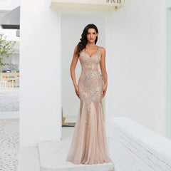 Double V-neck Cocktail Mermaid Sequin Evening Dress