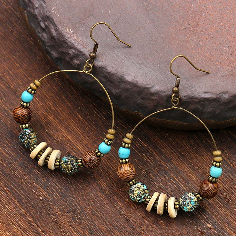 Vintage Bohemian Big Circle Earrings Ethnic Wood Bead