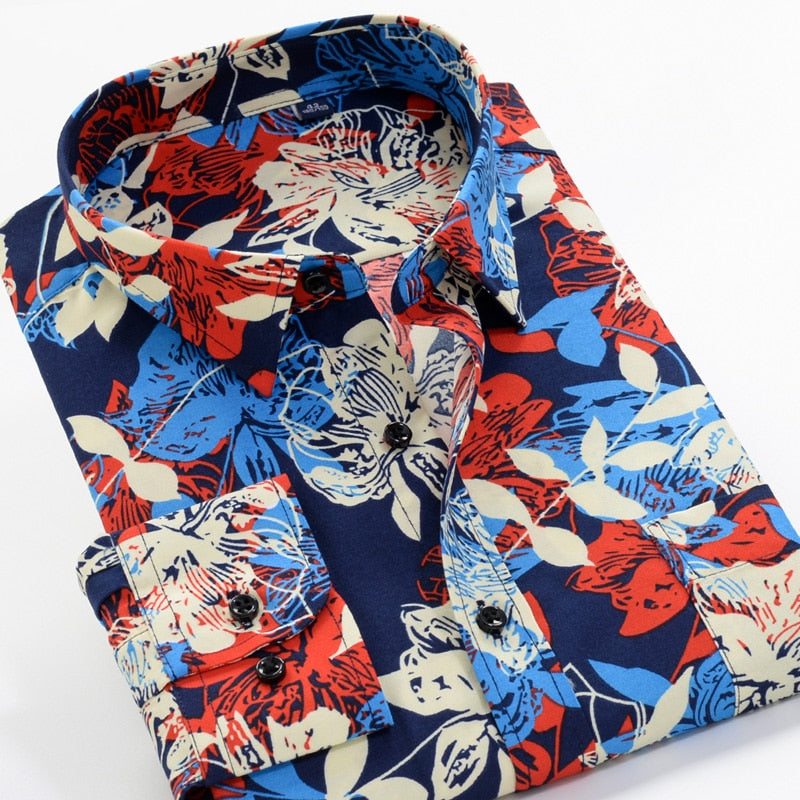 Large Size Flower Print Men's Fashion Casual Long Sleeve Shirt