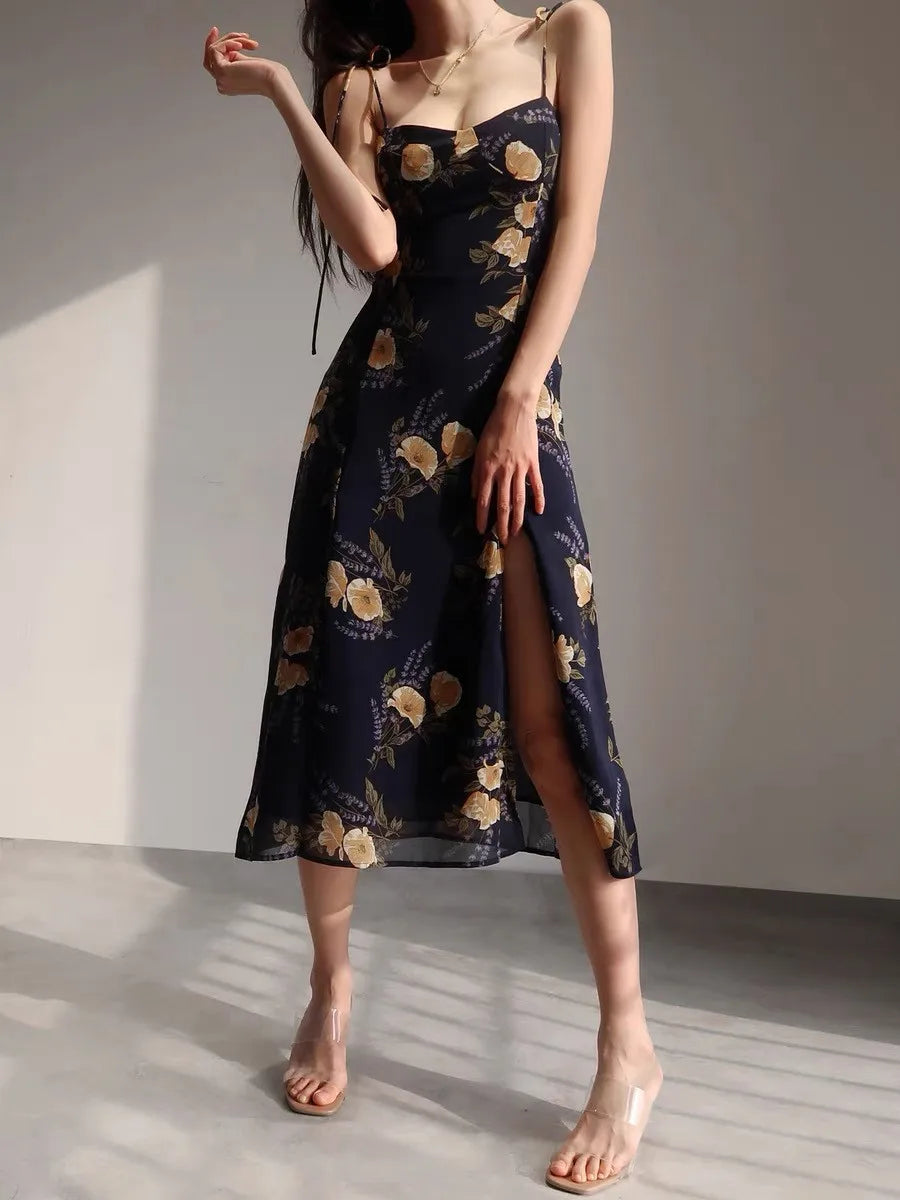 Retro French Style Navy Flower Print Adjust Spaghetti Strap Dress