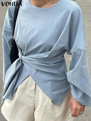 Fashion Blouses Long Lantern Sleeve Pleated Shirts