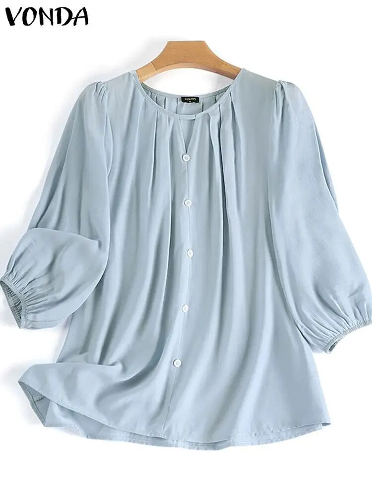 Shirts Blouse Solid Color Tops Buttons Hollow Out