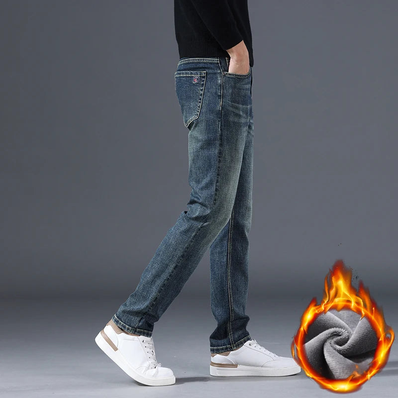 Men's Fleece Slim Straight Jeans Retro Washed Elastic Denim Pants