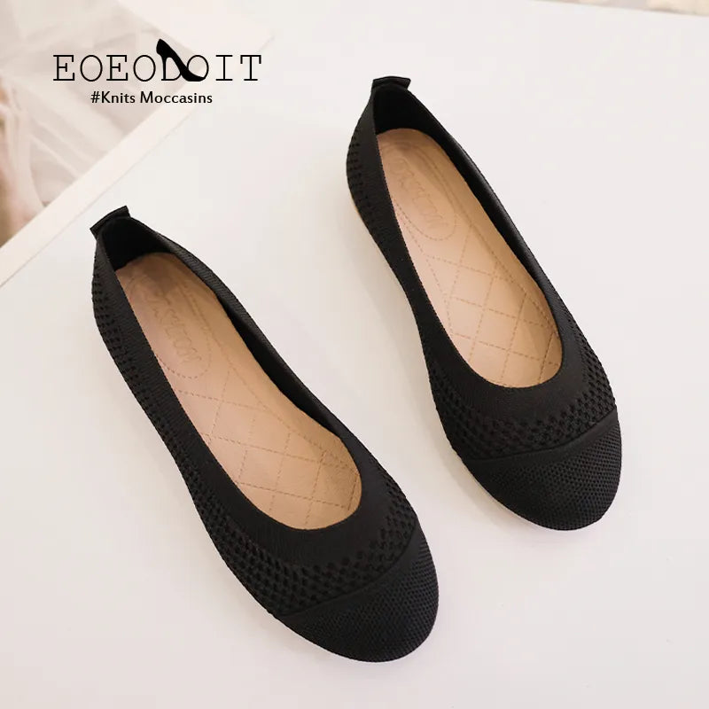 Larger Size Flats Comfortable Knit Ballet Flat Shoes Casual