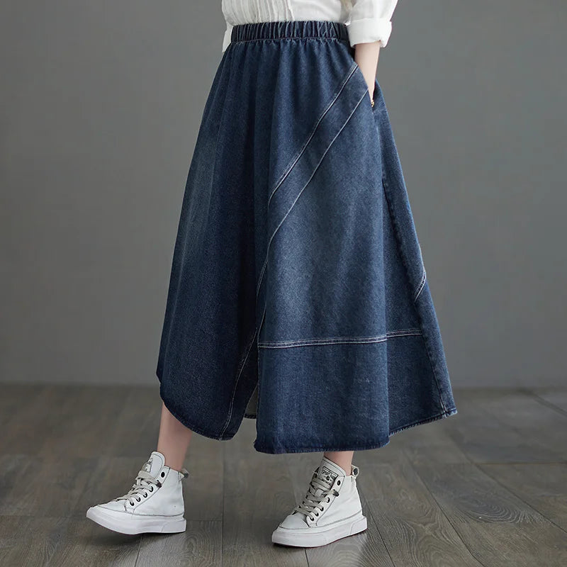 Denim Elastic Waisted Irregular Jeans Skirt Ankle-length A-line Vintage