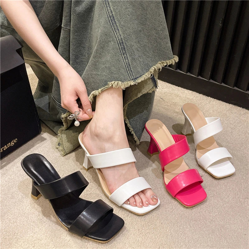 Thin Heels Slides  8cm Square Toe Straps Sandals