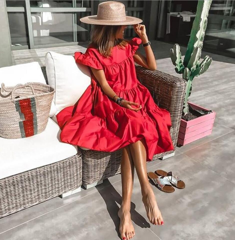 Ruff Sundress Elegant Casual Party Beach Vintage Swing Midi Dress