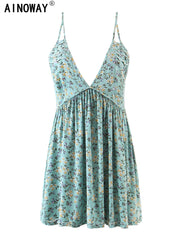 Vintage Green Floral Print Sleeveless Bohemian Strap Dress