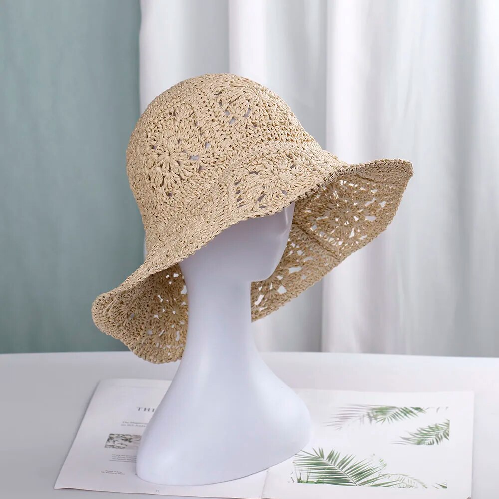 Women Straw crochet bucket Foldable hat