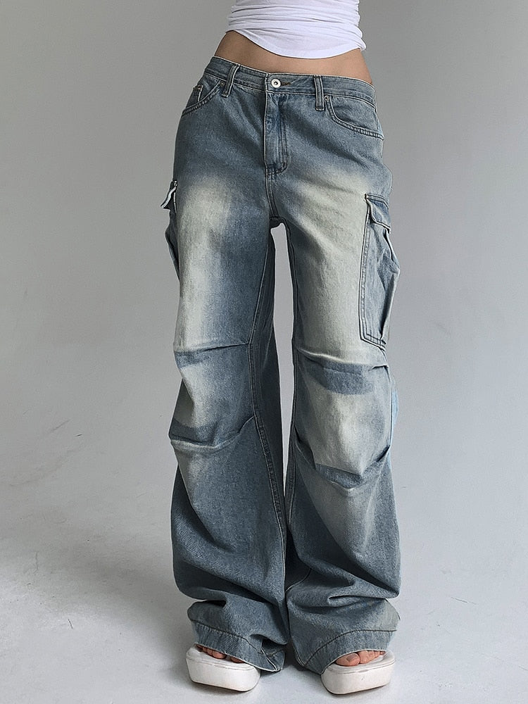 Loose Denim Cargo Pants Low Rise Big Pockets Streetwear