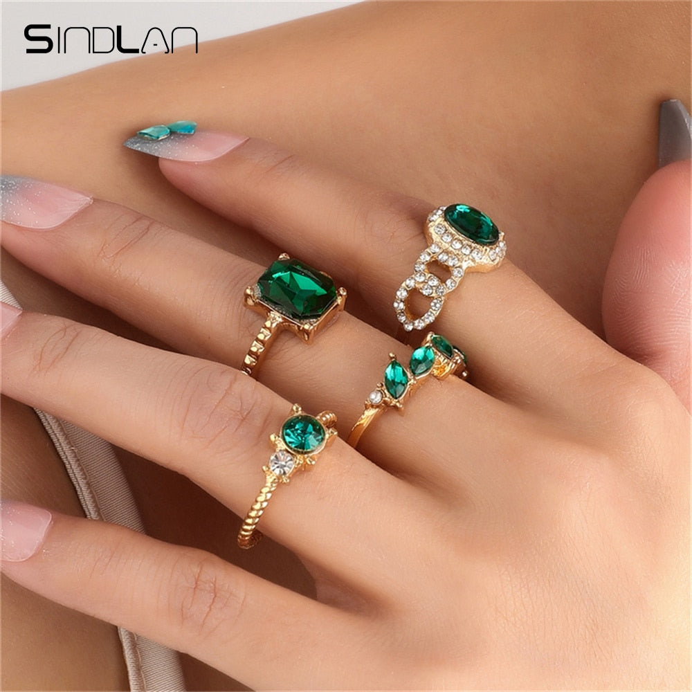 4Pcs Vintage Green Crystal Rings for Women Charms Geometric Set