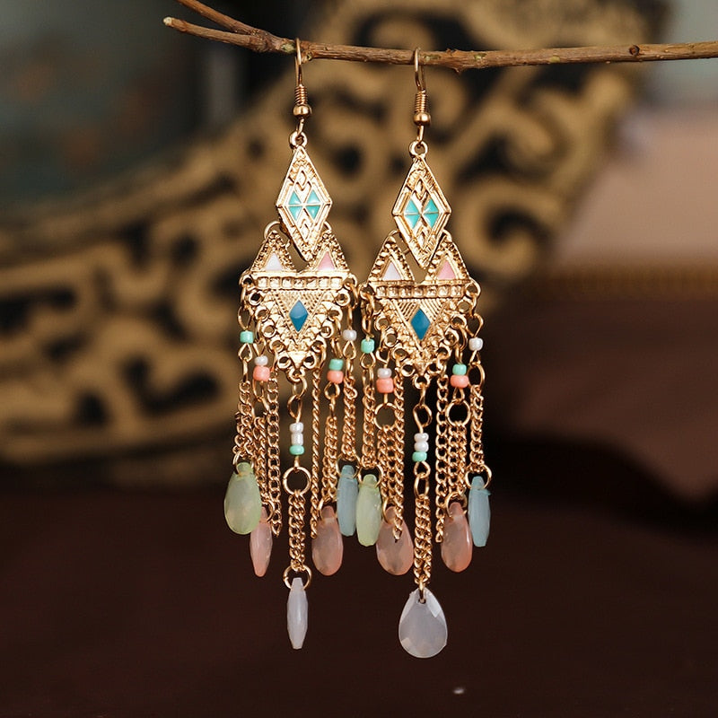 Bohemian Long Crystal Tassel Earrings Colorful