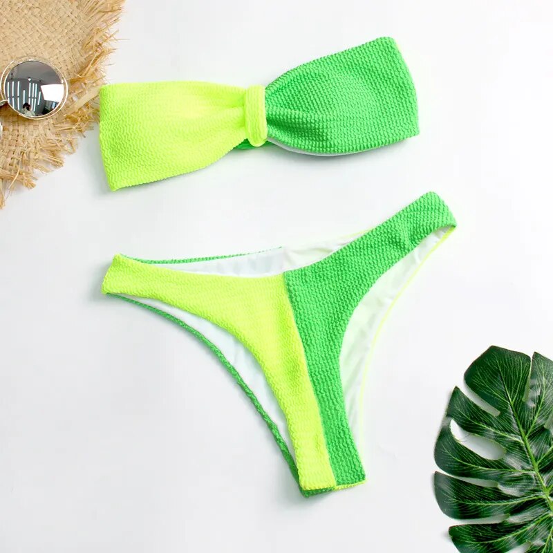 Wrinkled Special Fabric Bikini Candy Color Strapless Split Swimsuit